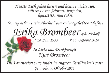 Traueranzeige von Erika Brombeer von WVG - Wochenspiegel Quedlinburg