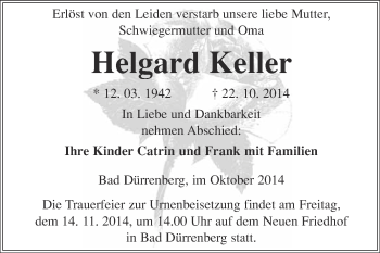Traueranzeige von Helgard Keller von Super Sonntag Merseburg