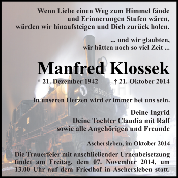 Traueranzeige von Manfred Klossek von WVG - Wochenspiegel Quedlinburg