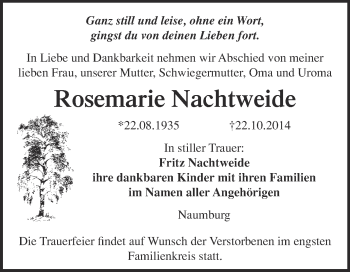 Traueranzeige von Rosemarie Nachtweide von WVG - Wochenspiegel NMB / WSF / ZTZ