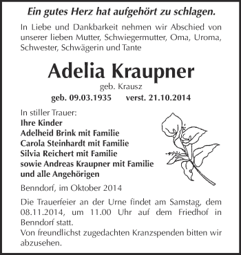 Traueranzeige von Adelia Kraupner von Wochenspiegel Mansfelder Land