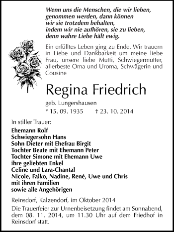 Traueranzeige von Regina Friedrich von WVG - Wochenspiegel NMB / WSF / ZTZ