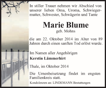 Traueranzeige von Marie Blume von Super Sonntag Quedlinburg