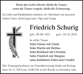 Traueranzeige von Friedrich Schurig von Super Sonntag Merseburg