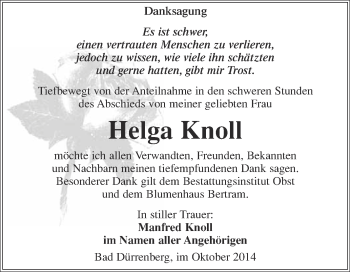 Traueranzeige von Helga Knoll von Super Sonntag Merseburg