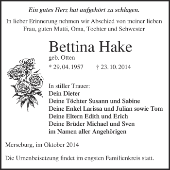 Traueranzeige von Bettina Hake von WVG - Wochenspiegel Merseburg