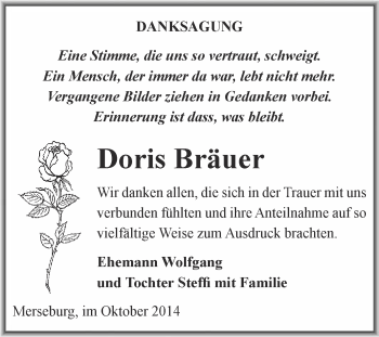 Traueranzeige von Doris Bräuer von WVG - Wochenspiegel Merseburg