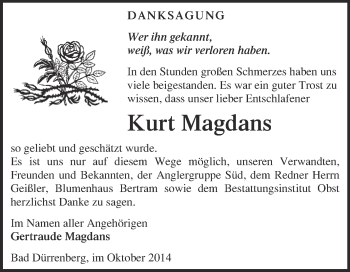 Traueranzeige von Kurt Magdans von WVG - Wochenspiegel Merseburg