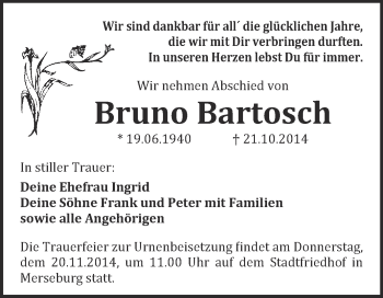 Traueranzeige von Bruno Bartosch von WVG - Wochenspiegel Merseburg