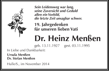 Traueranzeige von Heinz Menßen von Mitteldeutsche Zeitung Halle/Saalkreis