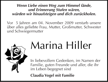 Traueranzeige von Marina Hiller von Mitteldeutsche Zeitung Naumburg/Nebra
