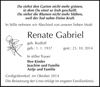 Traueranzeige von Renate Gabriel von Mitteldeutsche Zeitung Merseburg/Querfurt