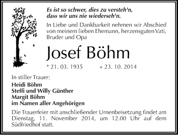 Traueranzeige von Josef Böhm von Mitteldeutsche Zeitung Halle/Saalkreis