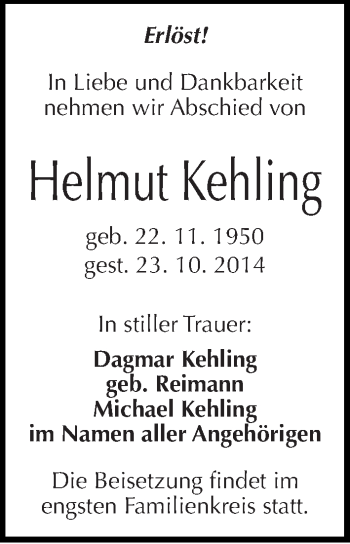 Traueranzeige von Helmut Kehling von Mitteldeutsche Zeitung Halle/Saalkreis