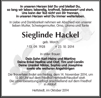 Traueranzeige von Sieglinde Hackel von Mitteldeutsche Zeitung Mansfelder Land