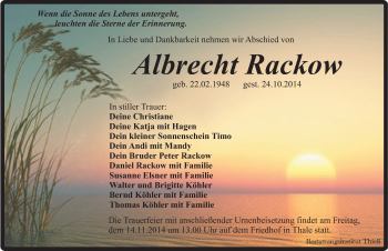 Traueranzeige von Albrecht Rackow von Mitteldeutsche Zeitung Quedlinburg