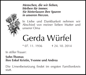 Traueranzeige von Gerda Würfel von Mitteldeutsche Zeitung Naumburg/Nebra