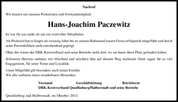 Traueranzeige von Hans-Joachim Paczewitz von Mitteldeutsche Zeitung Quedlinburg