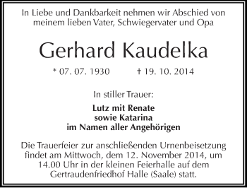 Traueranzeige von Gerhard Kaudelka von Mitteldeutsche Zeitung Halle/Saalkreis