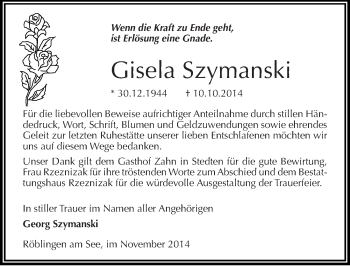 Traueranzeige von Gisela Szymanski von Mitteldeutsche Zeitung Mansfelder Land