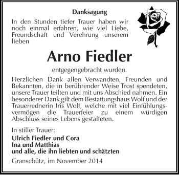 Traueranzeige von Arno Fiedler von Mitteldeutsche Zeitung Weißenfels