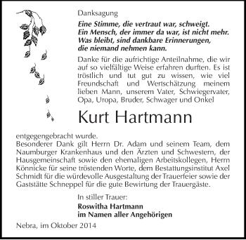 Traueranzeige von Kurt Hartmann von Mitteldeutsche Zeitung Naumburg/Nebra