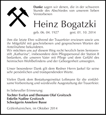 Traueranzeige von Heinz Bogatzki von Mitteldeutsche Zeitung