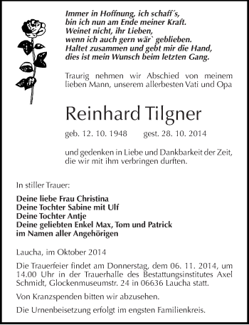 Traueranzeige von Reinhard Tilgner von Mitteldeutsche Zeitung Naumburg/Nebra