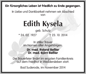 Traueranzeige von Edith Kysela von Mitteldeutsche Zeitung Quedlinburg