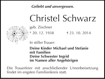 Traueranzeige von Christel Schwarz von Mitteldeutsche Zeitung Halle/Saalkreis
