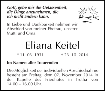 Traueranzeige von Eliana Keitel von Mitteldeutsche Zeitung Halle/Saalkreis