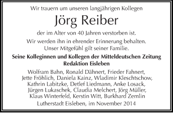 Traueranzeige von Jörg Reiber von Mitteldeutsche Zeitung Mansfelder Land