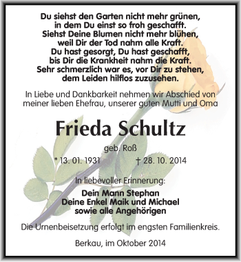 Traueranzeige von Frieda Schultz von Mitteldeutsche Zeitung Wittenberg