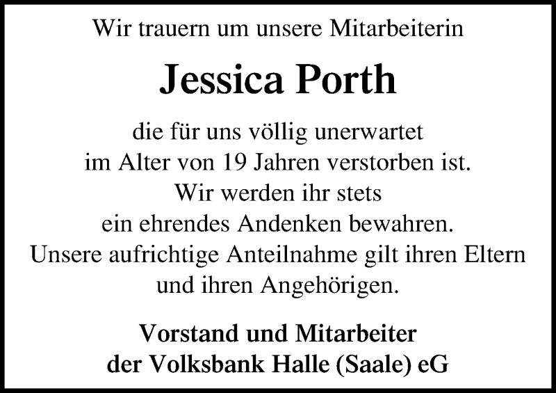  Traueranzeige für Jessica Porth vom 01.11.2014 aus Mitteldeutsche Zeitung Mansfelder Land