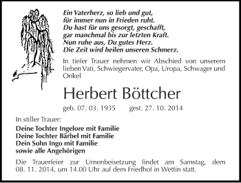 Traueranzeige von Herbert Böttcher von Mitteldeutsche Zeitung Halle/Saalkreis