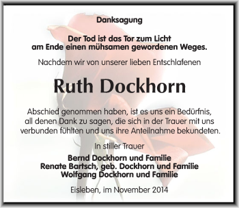 Traueranzeige von Ruth Dockhorn von Mitteldeutsche Zeitung Mansfelder Land