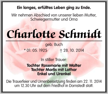 Traueranzeige von Charlotte Schmidt von Mitteldeutsche Zeitung Halle/Saalkreis