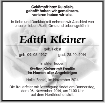 Traueranzeige von Edith Kleiner von Mitteldeutsche Zeitung Halle/Saalkreis