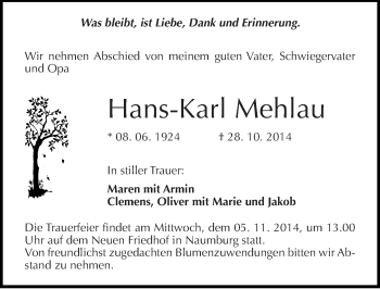 Traueranzeige von Hanna und Hans-Karl Mehlau von Mitteldeutsche Zeitung Naumburg/Nebra