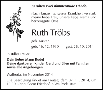 Traueranzeige von Ruth Tröbs von Mitteldeutsche Zeitung Naumburg/Nebra