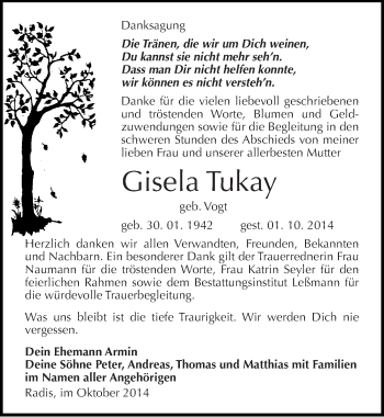Traueranzeige von Gisela Tuaky von Mitteldeutsche Zeitung