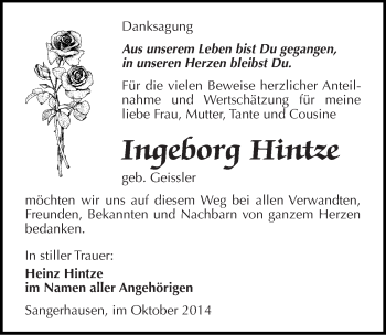 Traueranzeige von Ingeborg Hintze von Mitteldeutsche Zeitung Sangerhausen