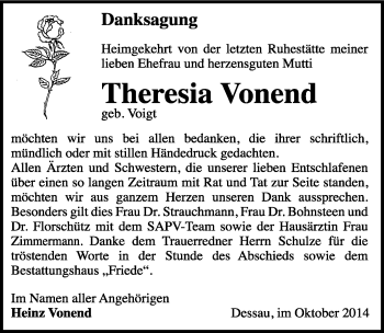 Traueranzeige von Theresia Vonend von Mitteldeutsche Zeitung Dessau-Roßlau
