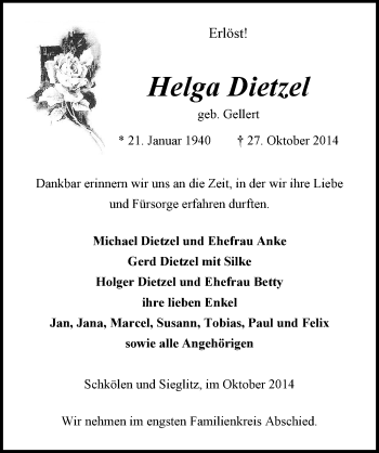 Traueranzeige von Helga Dietzel von Mitteldeutsche Zeitung Naumburg/Nebra