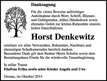 Traueranzeige von Horst  Denkewitz von Mitteldeutsche Zeitung Dessau-Roßlau