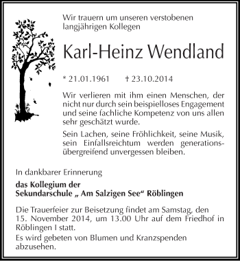 Traueranzeige von Karl-Heinz Wendland von Mitteldeutsche Zeitung Mansfelder Land