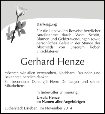 Traueranzeige von Gerhard Henze von Mitteldeutsche Zeitung Mansfelder Land