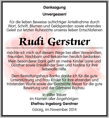 Traueranzeige von Rudi Gerstner von Mitteldeutsche Zeitung Köthen