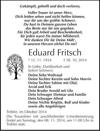 Traueranzeige von Eduard Fritsch von Mitteldeutsche Zeitung