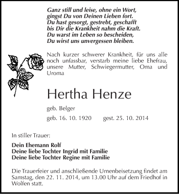 Traueranzeige von Hertha Henze von Mitteldeutsche Zeitung Bitterfeld